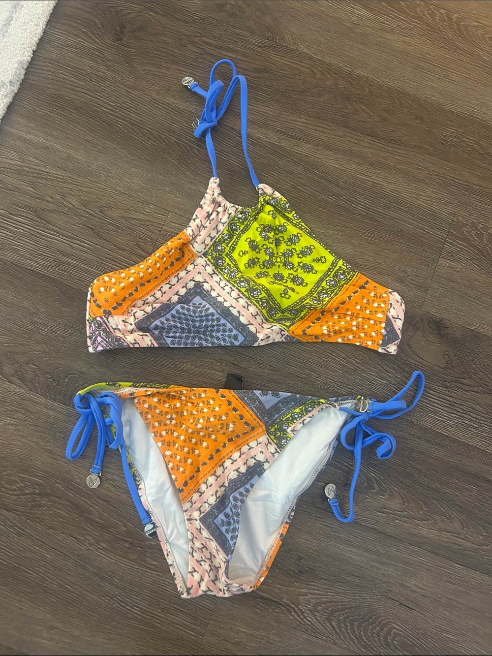 Minkpink Colorblock Patchwork Bikini with Blue Ties - small top, medium bottoms